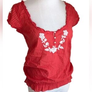 Y2K Hollister Milkmaid Peasant Top S Floral Embroidered Cap Sleeve Elastic Waist